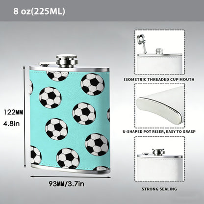Many footballs on light blue background 8oz Flask, Stainless Steel Whiskey Bottle Gift  for Women, Home Kitchen Bar Tools, Gift Box, Holiday Gift, Christmas, Valentine's Day, Girlfriend, Mom, Present