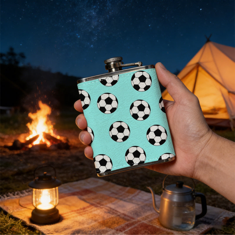 Many footballs on light blue background 8oz Flask, Stainless Steel Whiskey Bottle Gift  for Women, Home Kitchen Bar Tools, Gift Box, Holiday Gift, Christmas, Valentine's Day, Girlfriend, Mom, Present