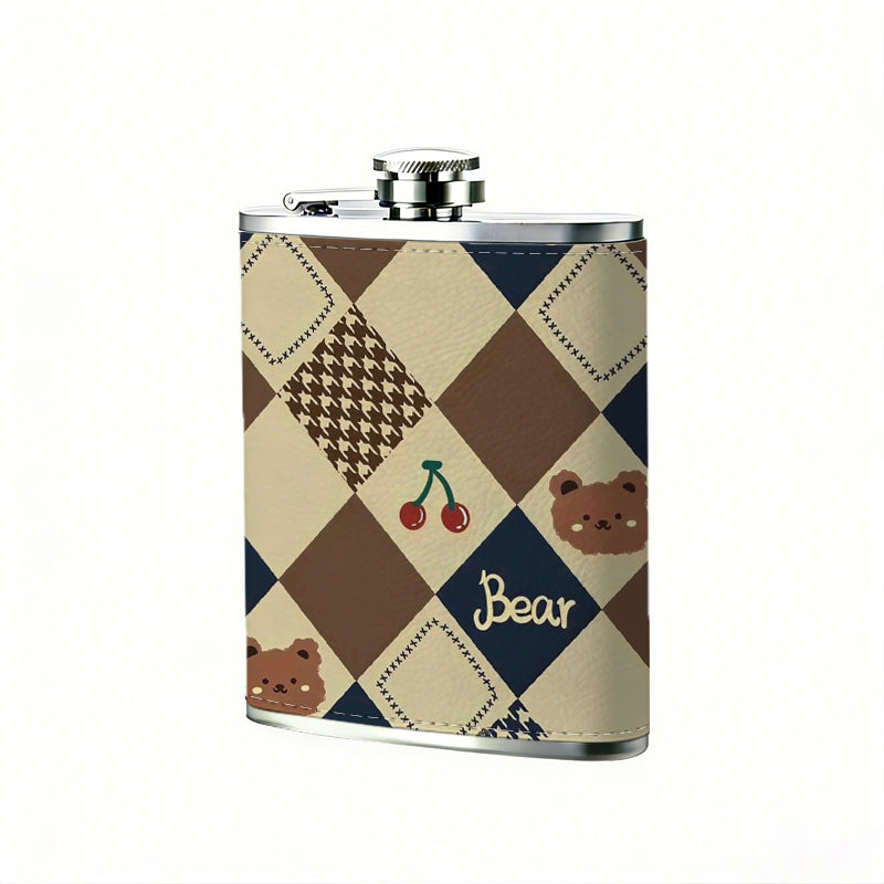 Diamond pattern with bears cherries and text 8oz Flask, Stainless Steel Whiskey Bottle Gift  for Women, Home Kitchen Bar Tools, Gift Box, Holiday Gift, Christmas, Valentine's Day, Girlfriend, Mom, Present