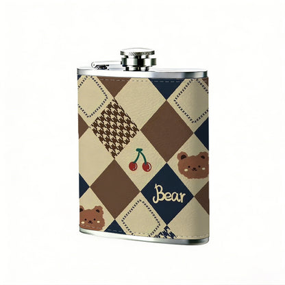 Diamond pattern with bears cherries and text 8oz Flask, Stainless Steel Whiskey Bottle Gift  for Women, Home Kitchen Bar Tools, Gift Box, Holiday Gift, Christmas, Valentine's Day, Girlfriend, Mom, Present