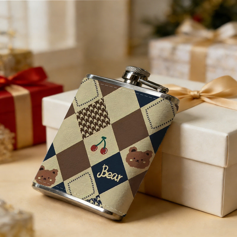 Diamond pattern with bears cherries and text 8oz Flask, Stainless Steel Whiskey Bottle Gift  for Women, Home Kitchen Bar Tools, Gift Box, Holiday Gift, Christmas, Valentine's Day, Girlfriend, Mom, Present