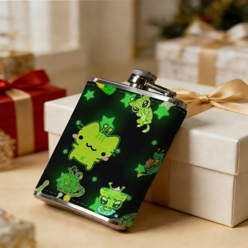 Cute green cartoon monster patterns 8oz Flask, Stainless Steel Whiskey Bottle Gift  for Women, Home Kitchen Bar Tools, Gift Box, Holiday Gift, Christmas, Valentine's Day, Girlfriend, Mom, Present