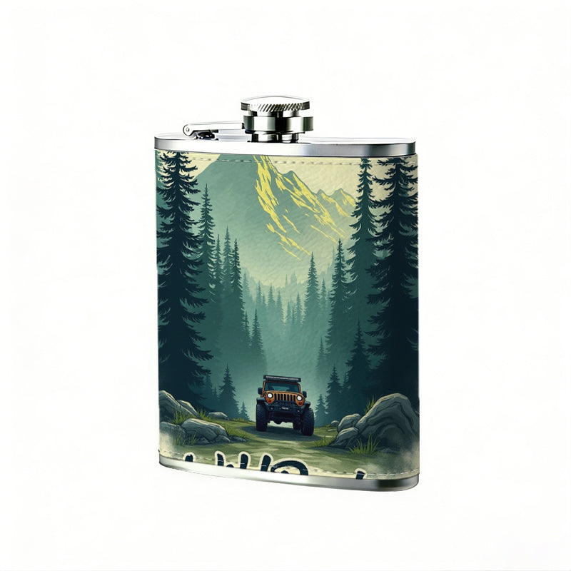 SUV in pine forest with Wild Roots 8oz Flask, Stainless Steel Whiskey Bottle Gift  for Women, Home Kitchen Bar Tools, Gift Box, Holiday Gift, Christmas, Valentine's Day, Girlfriend, Mom, Present
