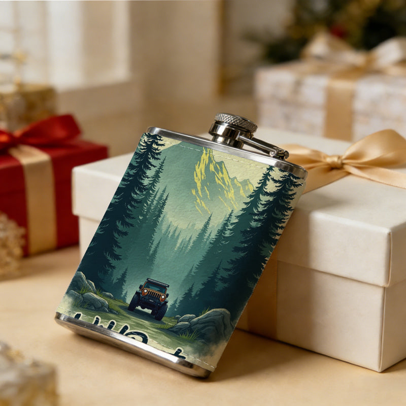 SUV in pine forest with Wild Roots 8oz Flask, Stainless Steel Whiskey Bottle Gift  for Women, Home Kitchen Bar Tools, Gift Box, Holiday Gift, Christmas, Valentine's Day, Girlfriend, Mom, Present