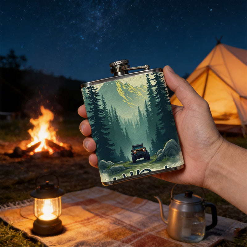 SUV in pine forest with Wild Roots 8oz Flask, Stainless Steel Whiskey Bottle Gift  for Women, Home Kitchen Bar Tools, Gift Box, Holiday Gift, Christmas, Valentine's Day, Girlfriend, Mom, Present