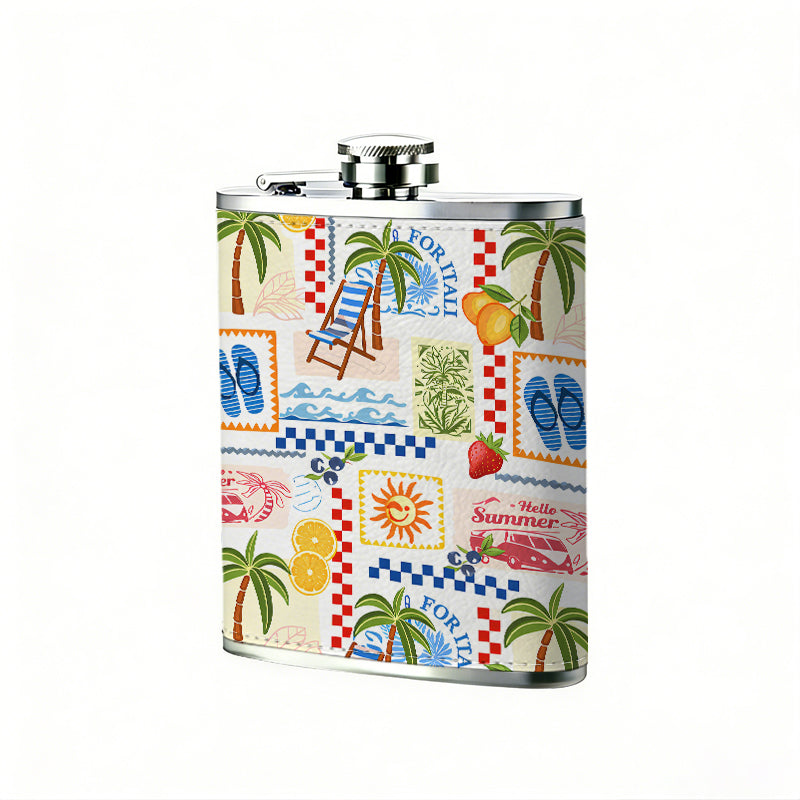 Beach vacation watercolor pattern 8oz Flask, Stainless Steel Whiskey Bottle Gift  for Women, Home Kitchen Bar Tools, Gift Box, Holiday Gift, Christmas, Valentine's Day, Girlfriend, Mom, Present