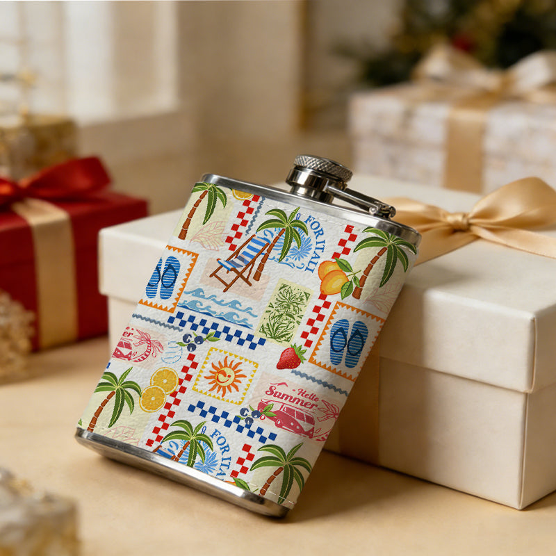 Beach vacation watercolor pattern 8oz Flask, Stainless Steel Whiskey Bottle Gift  for Women, Home Kitchen Bar Tools, Gift Box, Holiday Gift, Christmas, Valentine's Day, Girlfriend, Mom, Present