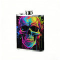 Colorful neon skull on black background 8oz Flask, Stainless Steel Whiskey Bottle Gift  for Women, Home Kitchen Bar Tools, Gift Box, Holiday Gift, Christmas, Valentine's Day, Girlfriend, Mom, Present
