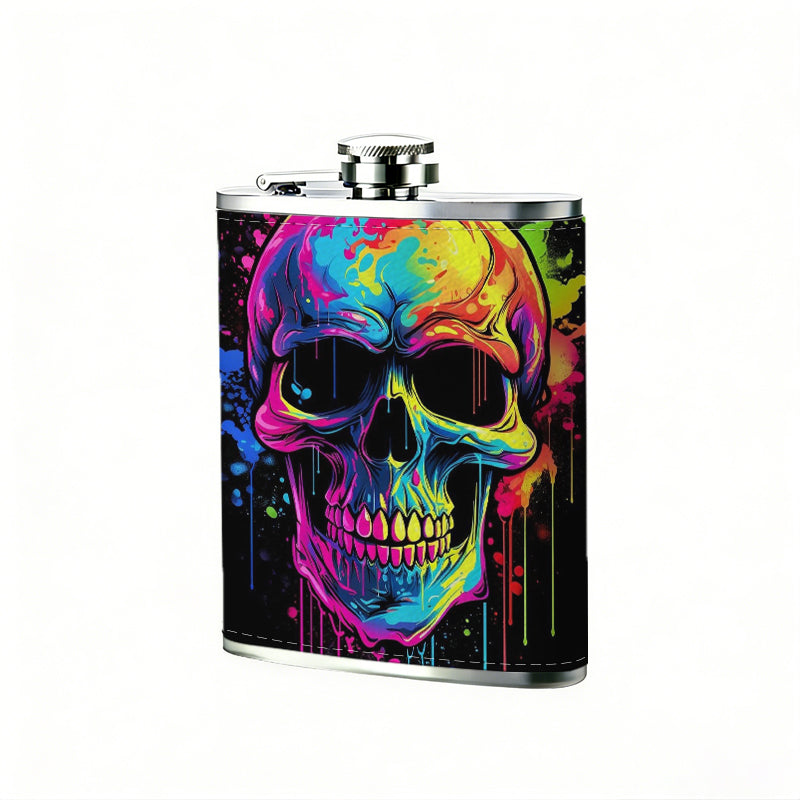 Colorful neon skull on black background 8oz Flask, Stainless Steel Whiskey Bottle Gift  for Women, Home Kitchen Bar Tools, Gift Box, Holiday Gift, Christmas, Valentine's Day, Girlfriend, Mom, Present