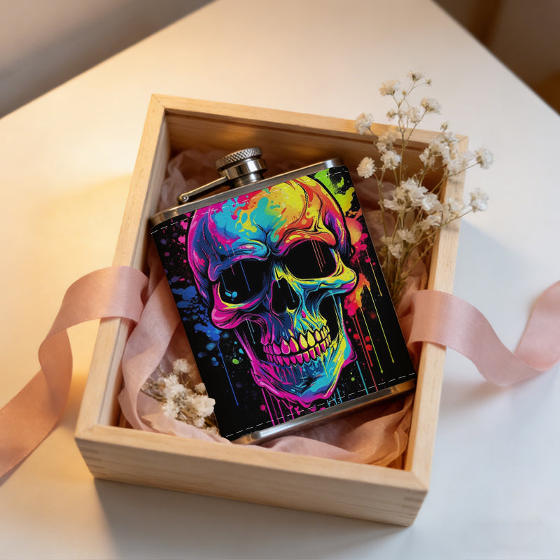 Colorful neon skull on black background 8oz Flask, Stainless Steel Whiskey Bottle Gift  for Women, Home Kitchen Bar Tools, Gift Box, Holiday Gift, Christmas, Valentine's Day, Girlfriend, Mom, Present