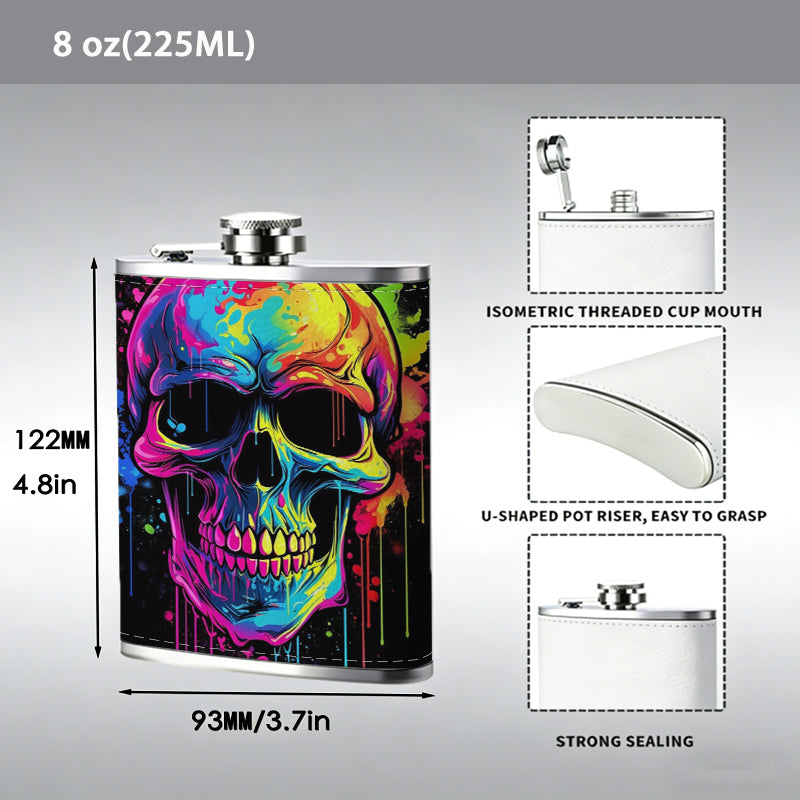 Colorful neon skull on black background 8oz Flask, Stainless Steel Whiskey Bottle Gift  for Women, Home Kitchen Bar Tools, Gift Box, Holiday Gift, Christmas, Valentine's Day, Girlfriend, Mom, Present