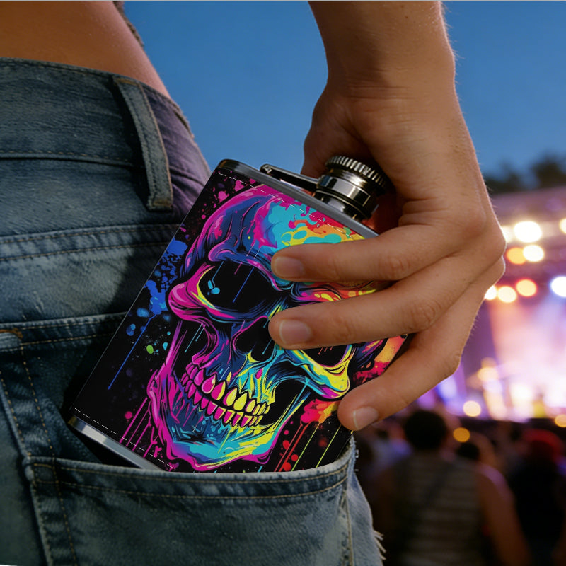 Colorful neon skull on black background 8oz Flask, Stainless Steel Whiskey Bottle Gift  for Women, Home Kitchen Bar Tools, Gift Box, Holiday Gift, Christmas, Valentine's Day, Girlfriend, Mom, Present