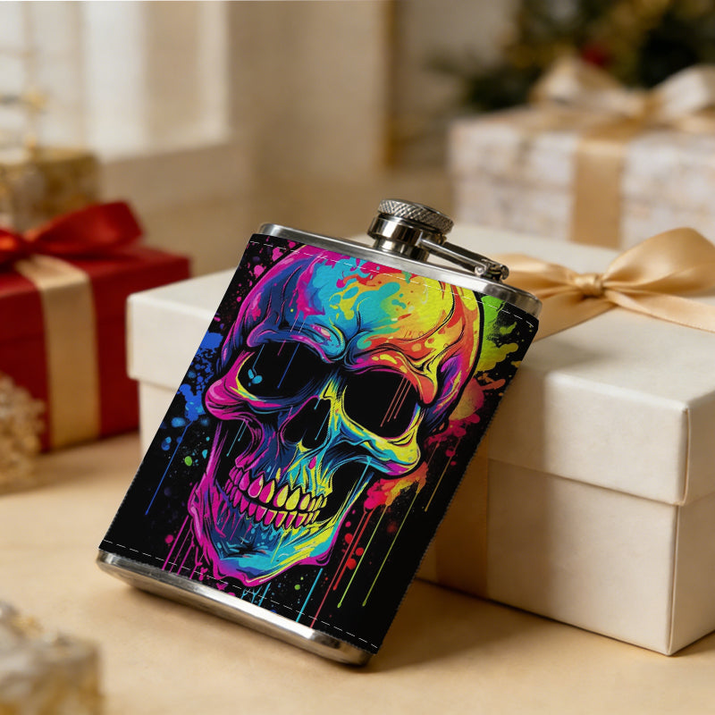 Colorful neon skull on black background 8oz Flask, Stainless Steel Whiskey Bottle Gift  for Women, Home Kitchen Bar Tools, Gift Box, Holiday Gift, Christmas, Valentine's Day, Girlfriend, Mom, Present