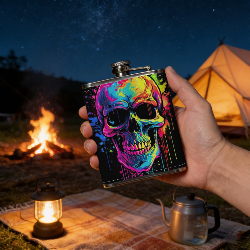 Colorful neon skull on black background 8oz Flask, Stainless Steel Whiskey Bottle Gift  for Women, Home Kitchen Bar Tools, Gift Box, Holiday Gift, Christmas, Valentine's Day, Girlfriend, Mom, Present