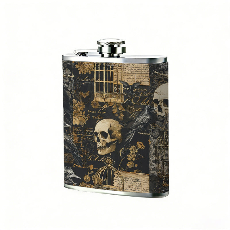 Vintage skulls collage pattern 8oz Flask, Stainless Steel Whiskey Bottle Gift  for Women, Home Kitchen Bar Tools, Gift Box, Holiday Gift, Christmas, Valentine's Day, Girlfriend, Mom, Present