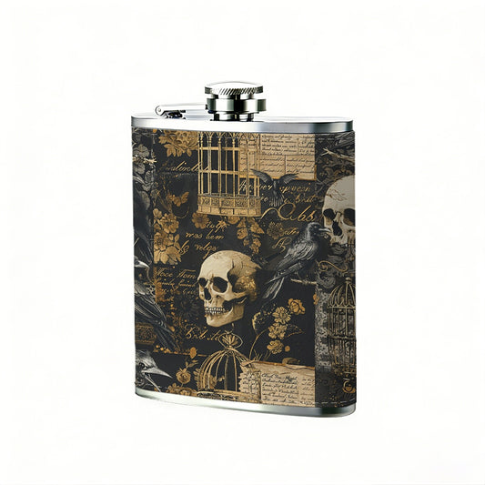 Vintage skulls collage pattern 8oz Flask, Stainless Steel Whiskey Bottle Gift  for Women, Home Kitchen Bar Tools, Gift Box, Holiday Gift, Christmas, Valentine's Day, Girlfriend, Mom, Present