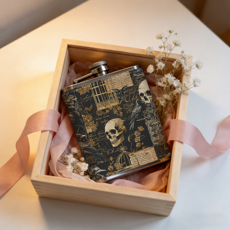 Vintage skulls collage pattern 8oz Flask, Stainless Steel Whiskey Bottle Gift  for Women, Home Kitchen Bar Tools, Gift Box, Holiday Gift, Christmas, Valentine's Day, Girlfriend, Mom, Present