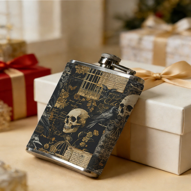 Vintage skulls collage pattern 8oz Flask, Stainless Steel Whiskey Bottle Gift  for Women, Home Kitchen Bar Tools, Gift Box, Holiday Gift, Christmas, Valentine's Day, Girlfriend, Mom, Present