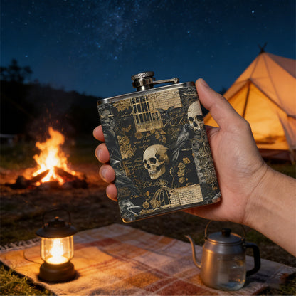 Vintage skulls collage pattern 8oz Flask, Stainless Steel Whiskey Bottle Gift  for Women, Home Kitchen Bar Tools, Gift Box, Holiday Gift, Christmas, Valentine's Day, Girlfriend, Mom, Present