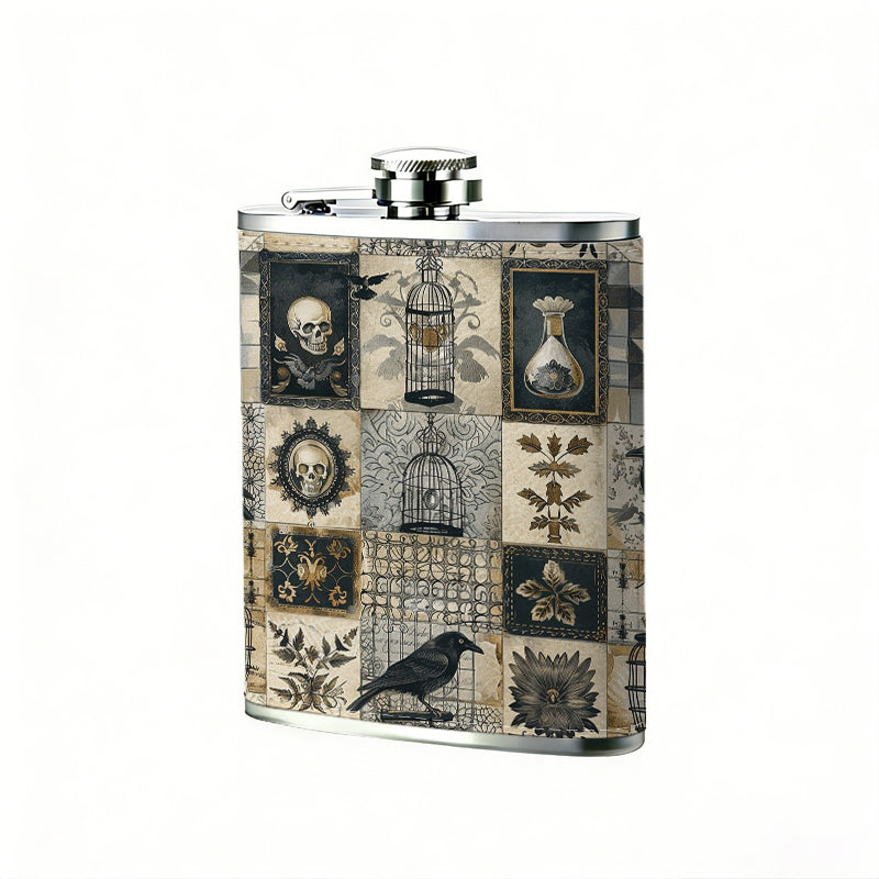 Vintage pattern with crows and skulls 8oz Flask, Stainless Steel Whiskey Bottle Gift  for Women, Home Kitchen Bar Tools, Gift Box, Holiday Gift, Christmas, Valentine's Day, Girlfriend, Mom, Present
