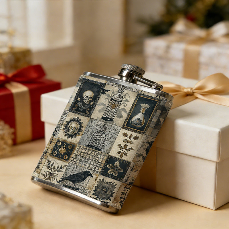 Vintage pattern with crows and skulls 8oz Flask, Stainless Steel Whiskey Bottle Gift  for Women, Home Kitchen Bar Tools, Gift Box, Holiday Gift, Christmas, Valentine's Day, Girlfriend, Mom, Present