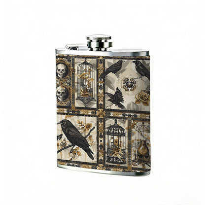 Tile patterns with crows and skulls 8oz Flask, Stainless Steel Whiskey Bottle Gift  for Women, Home Kitchen Bar Tools, Gift Box, Holiday Gift, Christmas, Valentine's Day, Girlfriend, Mom, Present