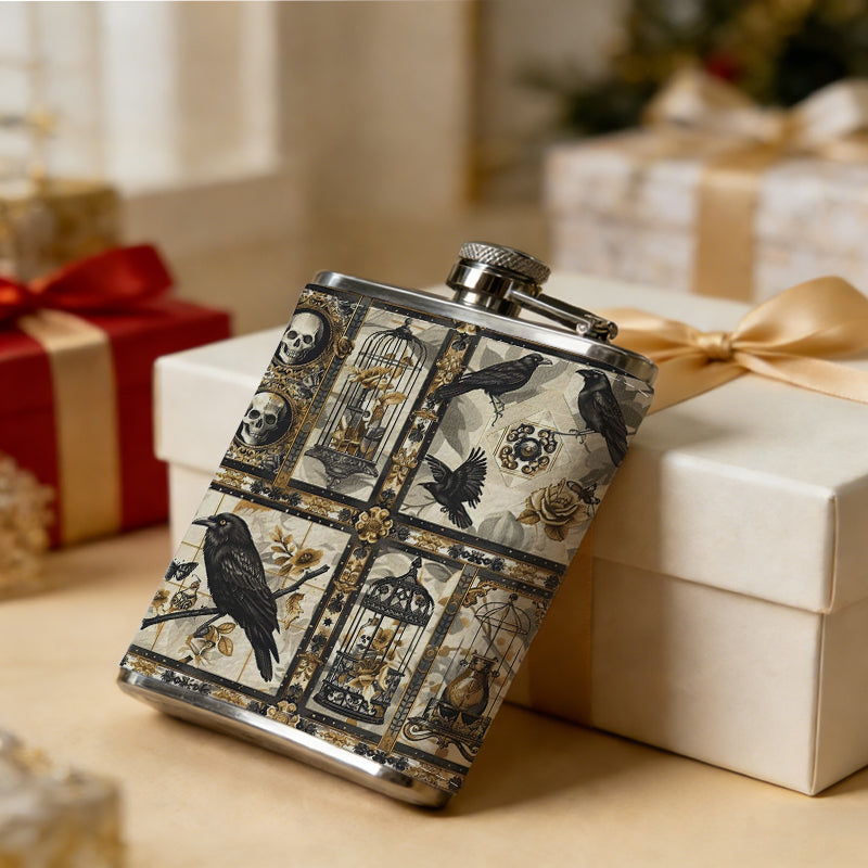 Tile patterns with crows and skulls 8oz Flask, Stainless Steel Whiskey Bottle Gift  for Women, Home Kitchen Bar Tools, Gift Box, Holiday Gift, Christmas, Valentine's Day, Girlfriend, Mom, Present