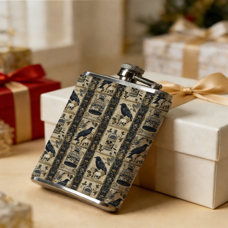 Striped pattern with bird silhouettes 8oz Flask, Stainless Steel Whiskey Bottle Gift  for Women, Home Kitchen Bar Tools, Gift Box, Holiday Gift, Christmas, Valentine's Day, Girlfriend, Mom, Present