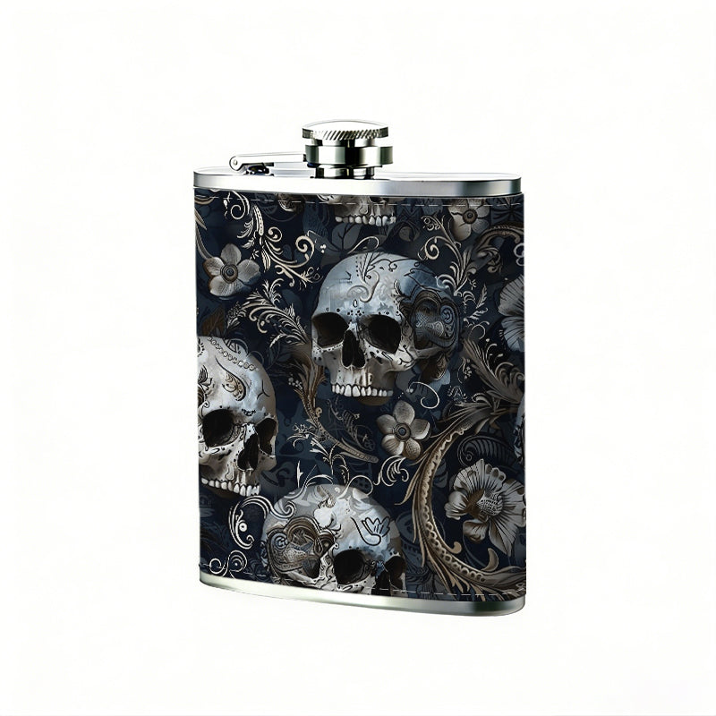 Skull pattern background 8oz Flask, Stainless Steel Whiskey Bottle Gift  for Women, Home Kitchen Bar Tools, Gift Box, Holiday Gift, Christmas, Valentine's Day, Girlfriend, Mom, Present