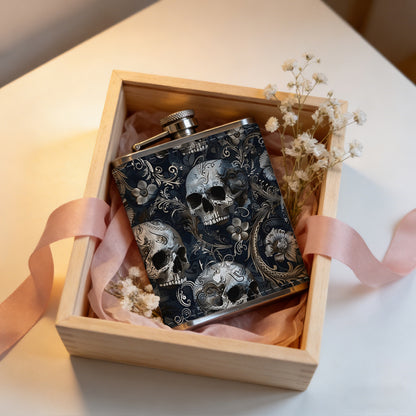 Skull pattern background 8oz Flask, Stainless Steel Whiskey Bottle Gift  for Women, Home Kitchen Bar Tools, Gift Box, Holiday Gift, Christmas, Valentine's Day, Girlfriend, Mom, Present