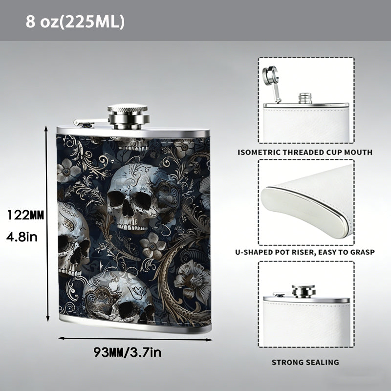 Skull pattern background 8oz Flask, Stainless Steel Whiskey Bottle Gift  for Women, Home Kitchen Bar Tools, Gift Box, Holiday Gift, Christmas, Valentine's Day, Girlfriend, Mom, Present