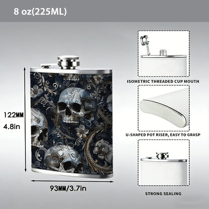 Skull pattern background 8oz Flask, Stainless Steel Whiskey Bottle Gift  for Women, Home Kitchen Bar Tools, Gift Box, Holiday Gift, Christmas, Valentine's Day, Girlfriend, Mom, Present