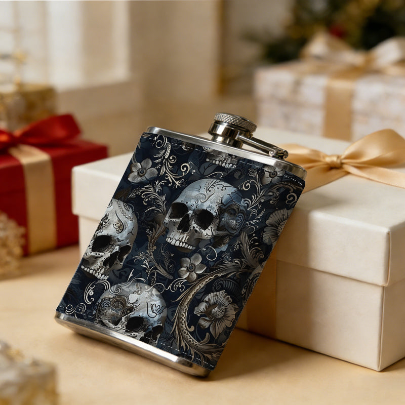 Skull pattern background 8oz Flask, Stainless Steel Whiskey Bottle Gift  for Women, Home Kitchen Bar Tools, Gift Box, Holiday Gift, Christmas, Valentine's Day, Girlfriend, Mom, Present