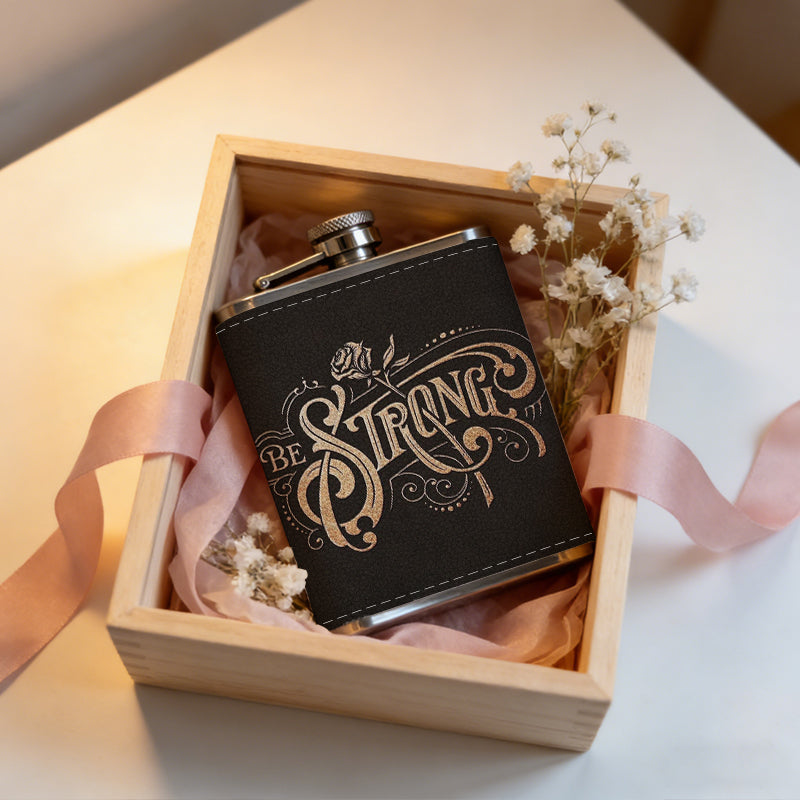 Ornate vintage "THE STRONG" lettering with rose 8oz Flask, Stainless Steel Whiskey Bottle Gift  for Women, Home Kitchen Bar Tools, Gift Box, Holiday Gift, Christmas, Valentine's Day, Girlfriend, Mom, Present
