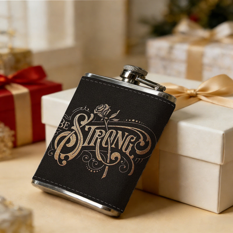 Ornate vintage "THE STRONG" lettering with rose 8oz Flask, Stainless Steel Whiskey Bottle Gift  for Women, Home Kitchen Bar Tools, Gift Box, Holiday Gift, Christmas, Valentine's Day, Girlfriend, Mom, Present