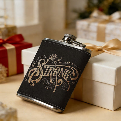 Ornate vintage "THE STRONG" lettering with rose 8oz Flask, Stainless Steel Whiskey Bottle Gift  for Women, Home Kitchen Bar Tools, Gift Box, Holiday Gift, Christmas, Valentine's Day, Girlfriend, Mom, Present
