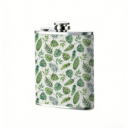 Green and gray leaf pattern 8oz Flask, Stainless Steel Whiskey Bottle Gift  for Women, Home Kitchen Bar Tools, Gift Box, Holiday Gift, Christmas, Valentine's Day, Girlfriend, Mom, Present