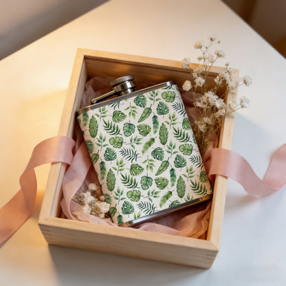Green and gray leaf pattern 8oz Flask, Stainless Steel Whiskey Bottle Gift  for Women, Home Kitchen Bar Tools, Gift Box, Holiday Gift, Christmas, Valentine's Day, Girlfriend, Mom, Present