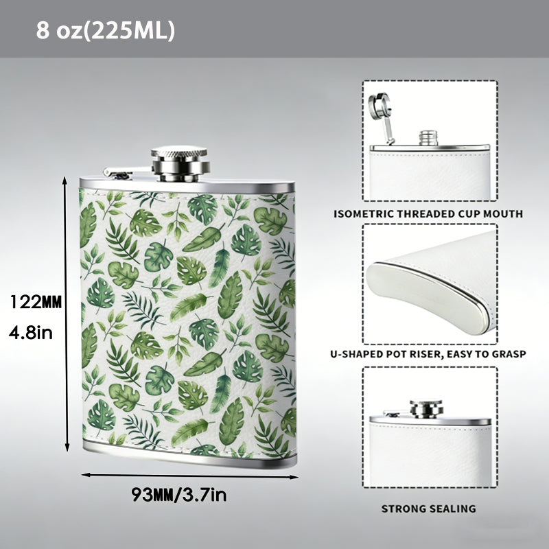 Green and gray leaf pattern 8oz Flask, Stainless Steel Whiskey Bottle Gift  for Women, Home Kitchen Bar Tools, Gift Box, Holiday Gift, Christmas, Valentine's Day, Girlfriend, Mom, Present