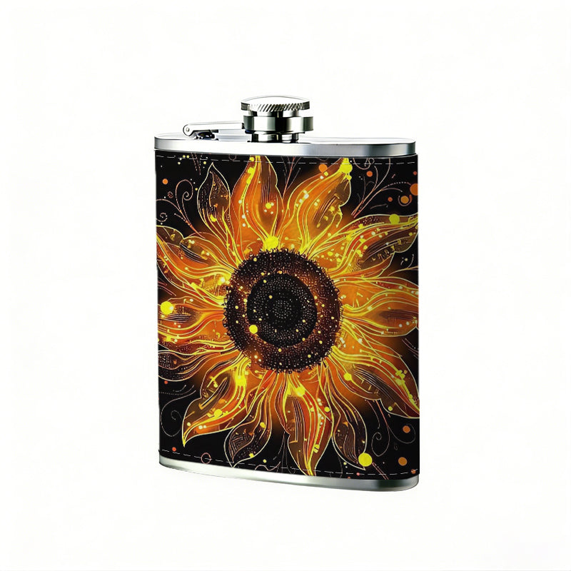 Glowing fiery sun-shaped flower art 8oz Flask, Stainless Steel Whiskey Bottle Gift  for Women, Home Kitchen Bar Tools, Gift Box, Holiday Gift, Christmas, Valentine's Day, Girlfriend, Mom, Present