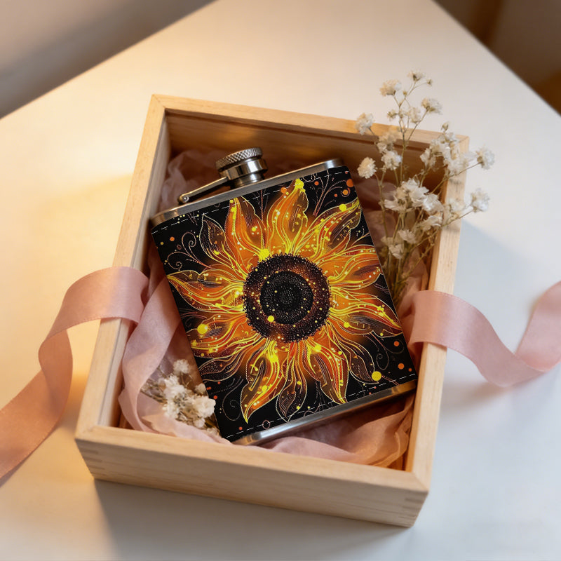 Glowing fiery sun-shaped flower art 8oz Flask, Stainless Steel Whiskey Bottle Gift  for Women, Home Kitchen Bar Tools, Gift Box, Holiday Gift, Christmas, Valentine's Day, Girlfriend, Mom, Present