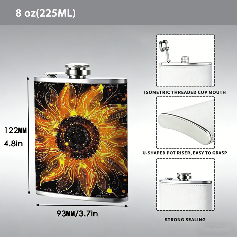 Glowing fiery sun-shaped flower art 8oz Flask, Stainless Steel Whiskey Bottle Gift  for Women, Home Kitchen Bar Tools, Gift Box, Holiday Gift, Christmas, Valentine's Day, Girlfriend, Mom, Present