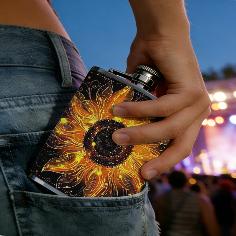 Glowing fiery sun-shaped flower art 8oz Flask, Stainless Steel Whiskey Bottle Gift  for Women, Home Kitchen Bar Tools, Gift Box, Holiday Gift, Christmas, Valentine's Day, Girlfriend, Mom, Present