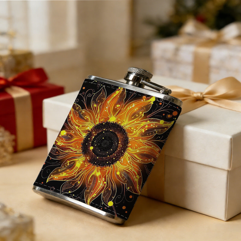 Glowing fiery sun-shaped flower art 8oz Flask, Stainless Steel Whiskey Bottle Gift  for Women, Home Kitchen Bar Tools, Gift Box, Holiday Gift, Christmas, Valentine's Day, Girlfriend, Mom, Present