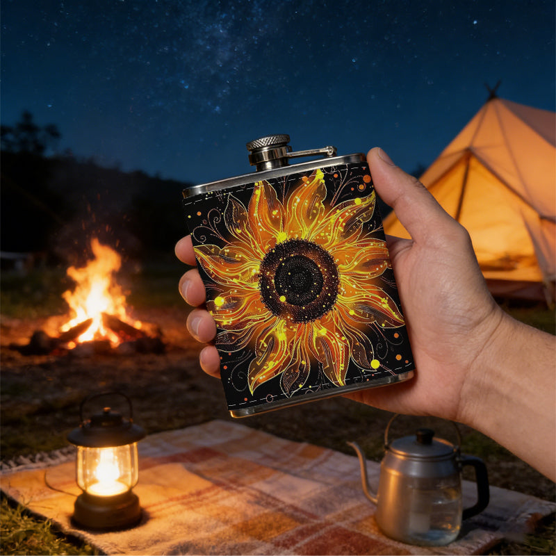 Glowing fiery sun-shaped flower art 8oz Flask, Stainless Steel Whiskey Bottle Gift  for Women, Home Kitchen Bar Tools, Gift Box, Holiday Gift, Christmas, Valentine's Day, Girlfriend, Mom, Present