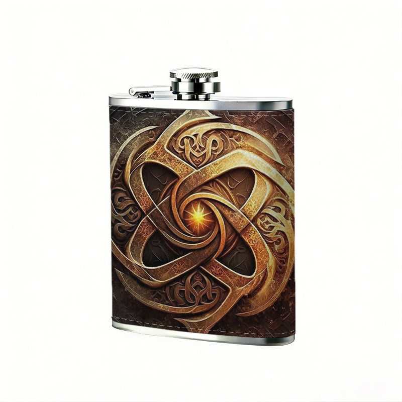 Golden Celtic knot emblem with glowing center 8oz Flask, Stainless Steel Whiskey Bottle Gift  for Women, Home Kitchen Bar Tools, Gift Box, Holiday Gift, Christmas, Valentine's Day, Girlfriend, Mom, Present