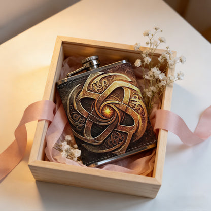 Golden Celtic knot emblem with glowing center 8oz Flask, Stainless Steel Whiskey Bottle Gift  for Women, Home Kitchen Bar Tools, Gift Box, Holiday Gift, Christmas, Valentine's Day, Girlfriend, Mom, Present