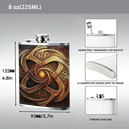 Golden Celtic knot emblem with glowing center 8oz Flask, Stainless Steel Whiskey Bottle Gift  for Women, Home Kitchen Bar Tools, Gift Box, Holiday Gift, Christmas, Valentine's Day, Girlfriend, Mom, Present