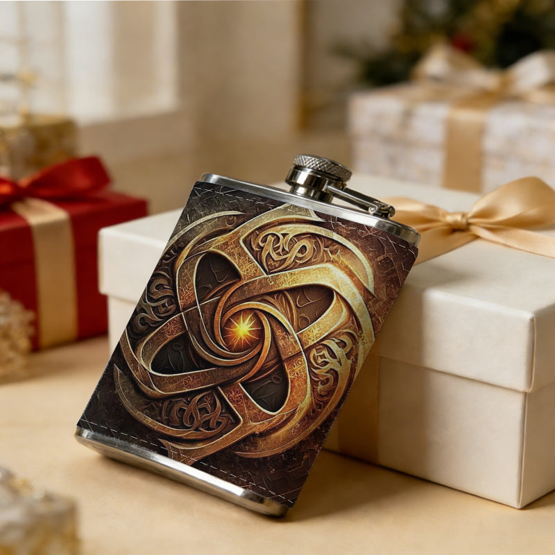 Golden Celtic knot emblem with glowing center 8oz Flask, Stainless Steel Whiskey Bottle Gift  for Women, Home Kitchen Bar Tools, Gift Box, Holiday Gift, Christmas, Valentine's Day, Girlfriend, Mom, Present