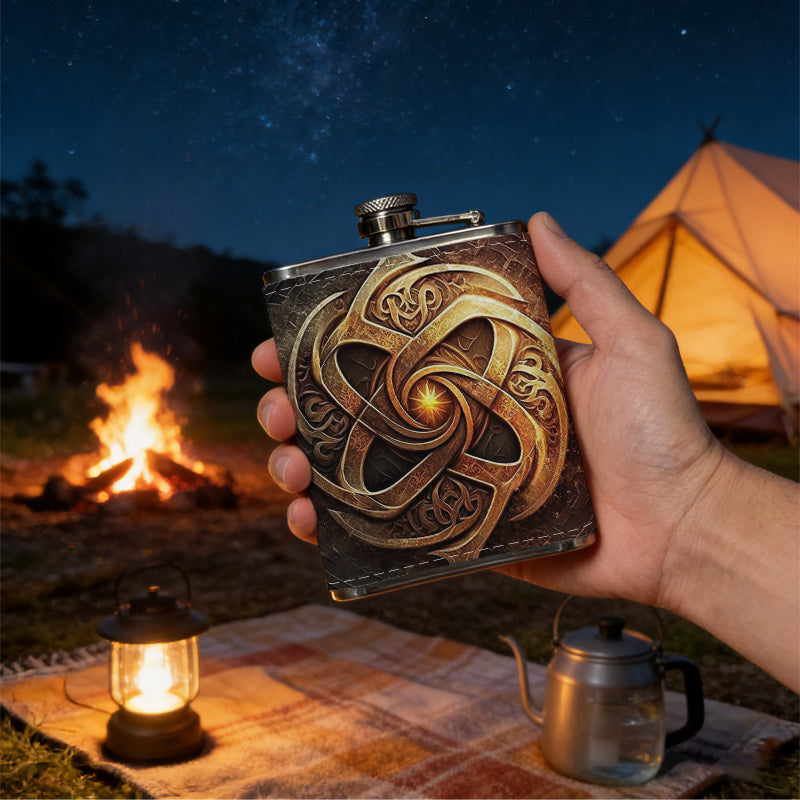 Golden Celtic knot emblem with glowing center 8oz Flask, Stainless Steel Whiskey Bottle Gift  for Women, Home Kitchen Bar Tools, Gift Box, Holiday Gift, Christmas, Valentine's Day, Girlfriend, Mom, Present